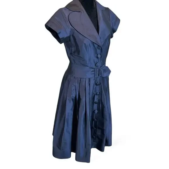 Teri Jon Navy Blue Structured Belted Silk Dress Rockabilly Wedding Guest Size 4 - Picture 2 of 12